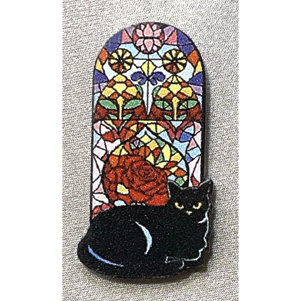 NWOT Black Cat Brooch Lapel Pin Acrylic Stained Glass Floral Red Mosaic Art 2D
